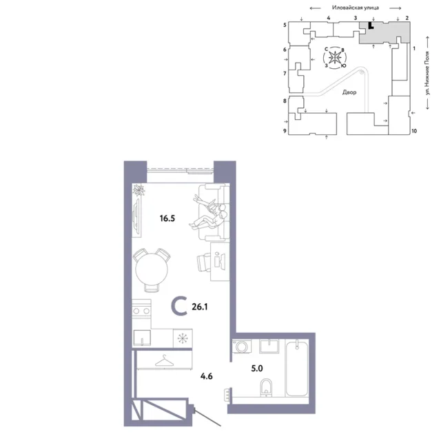 1 комн. Квартира 26.1 кв. м