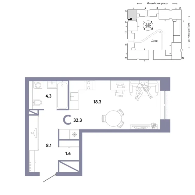 1 комн. Квартира 32.3 кв. м