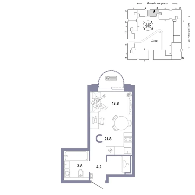 1 комн. Квартира 21.8 кв. м