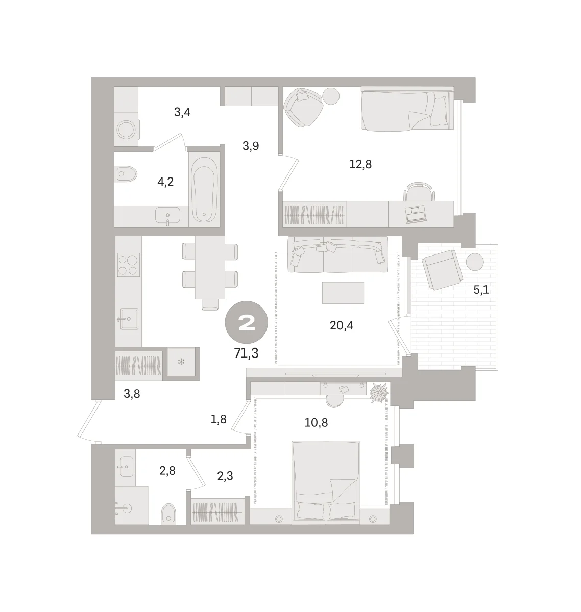 2 комн. Квартира 71.3 кв. м