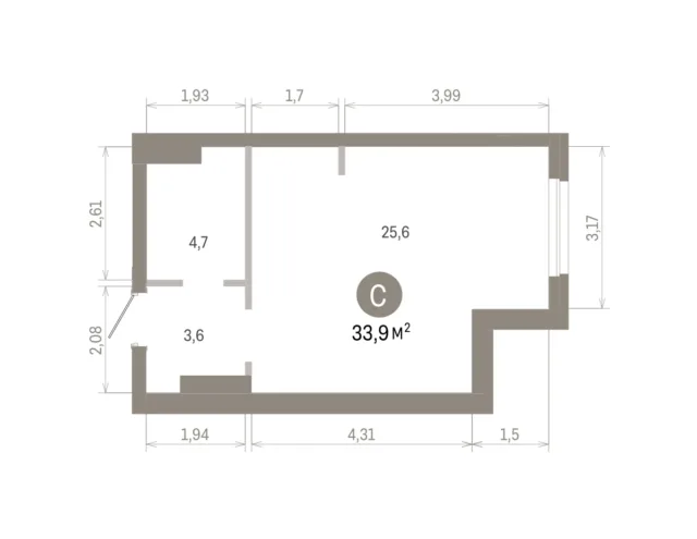 Квартира 33.4 кв. м