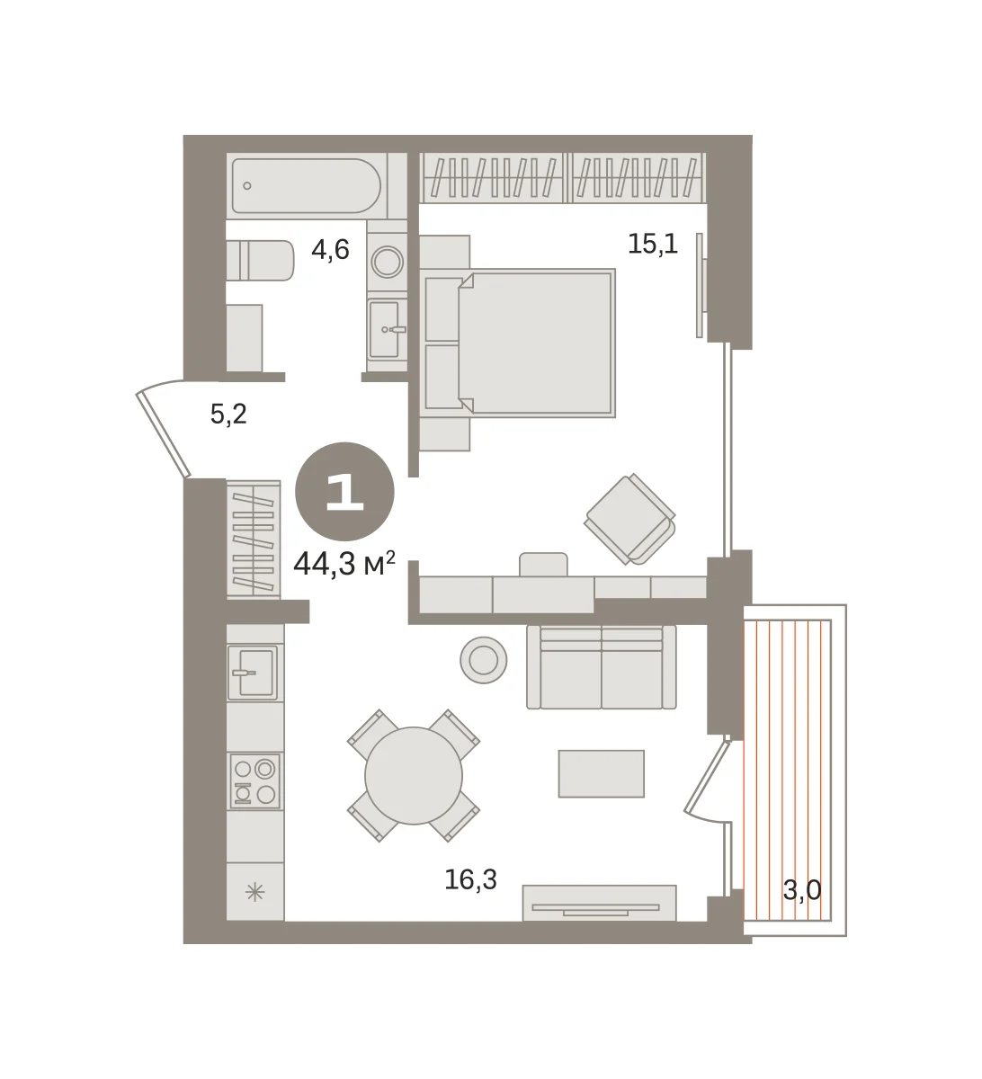 1 комн. Квартира 44.3 кв. м