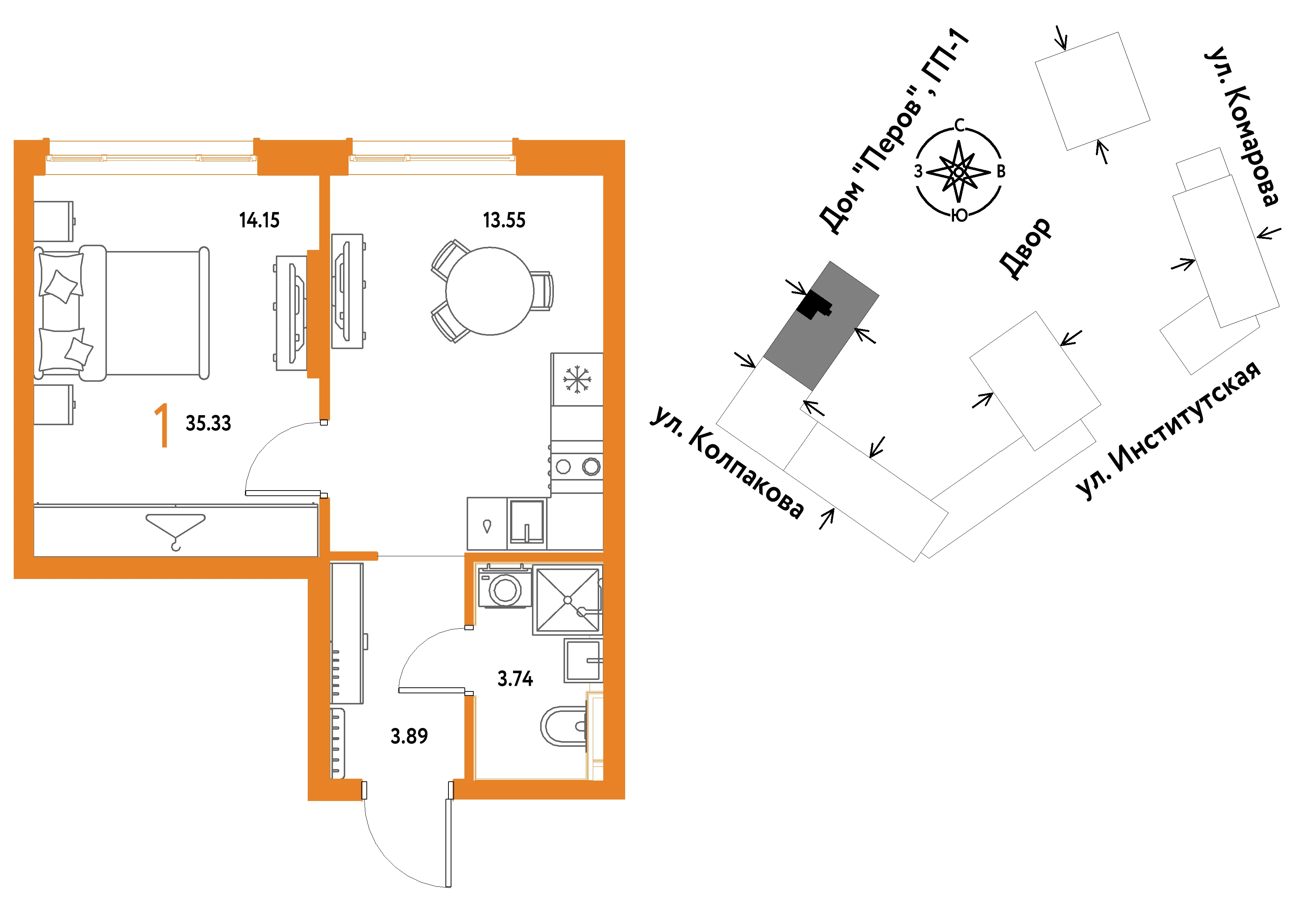 1 комн. Квартира 35.3 кв. м