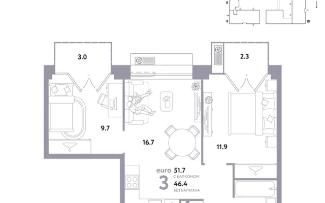 3 комн. Квартира 51.7 кв. м, Москва