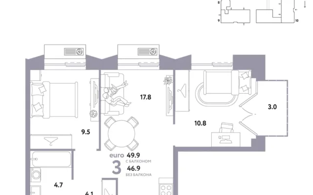 3 комн. Квартира 49.9 кв. м, Москва