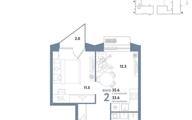 2 комн. Квартира 35.6 кв. м, Москва