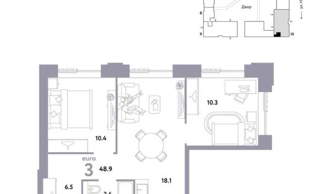 3 комн. Квартира 48.9 кв. м, Москва
