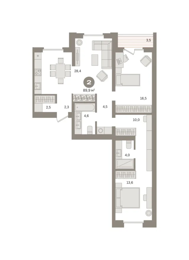2 комн. Квартира 89.9 кв. м