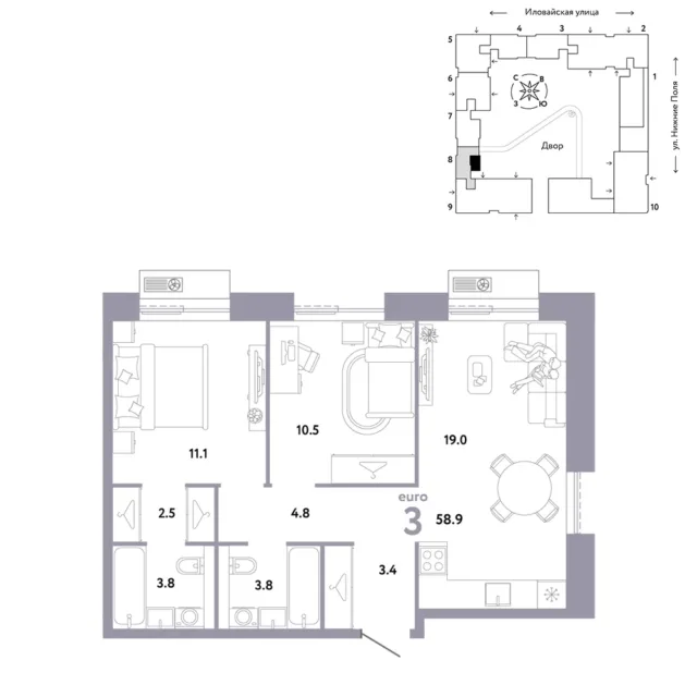 3 комн. Квартира 58.9 кв. м