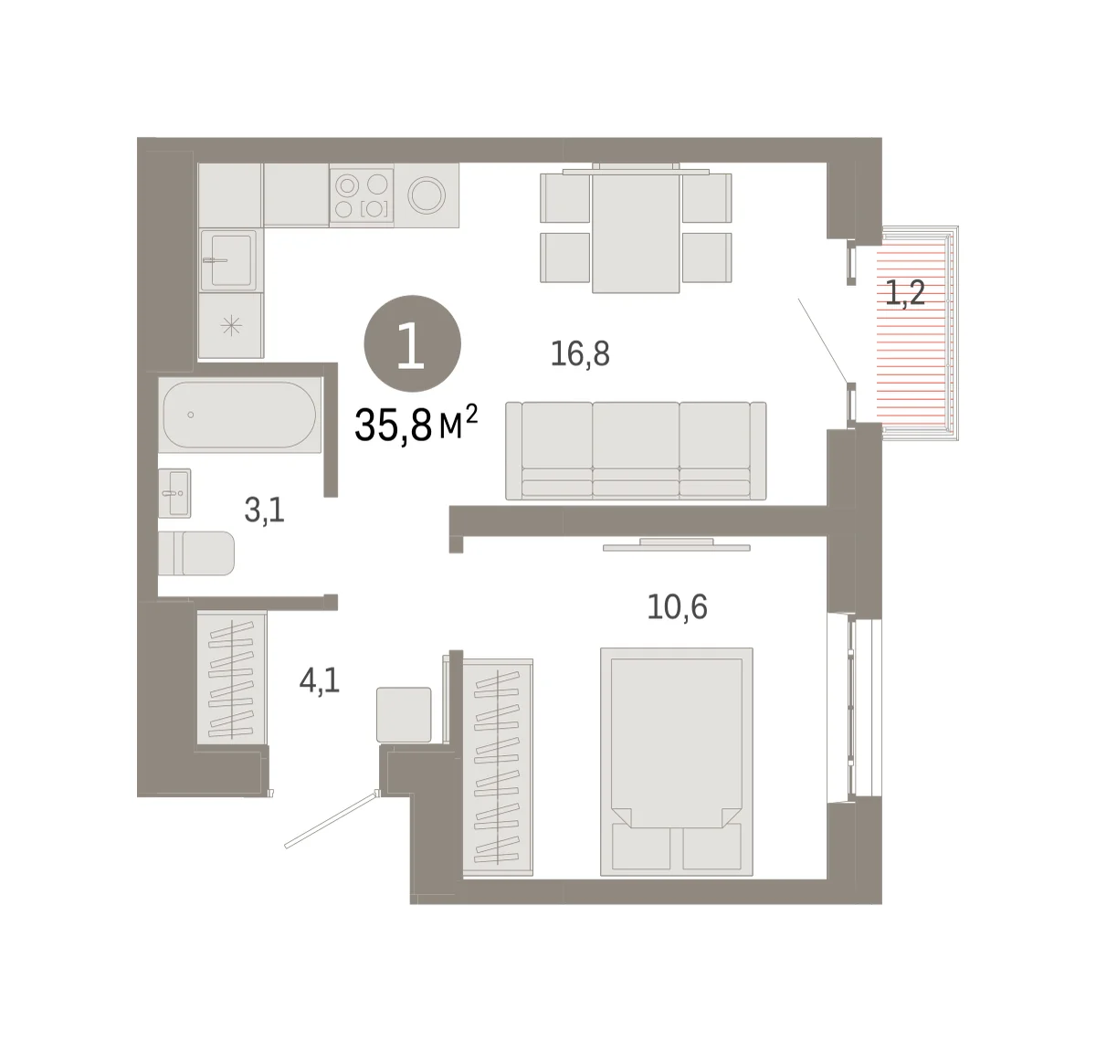 1 комн. Квартира 35.8 кв. м