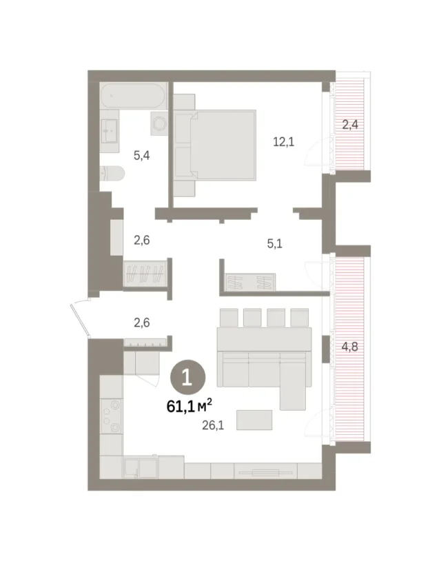 1 комн. Квартира 61.1 кв. м
