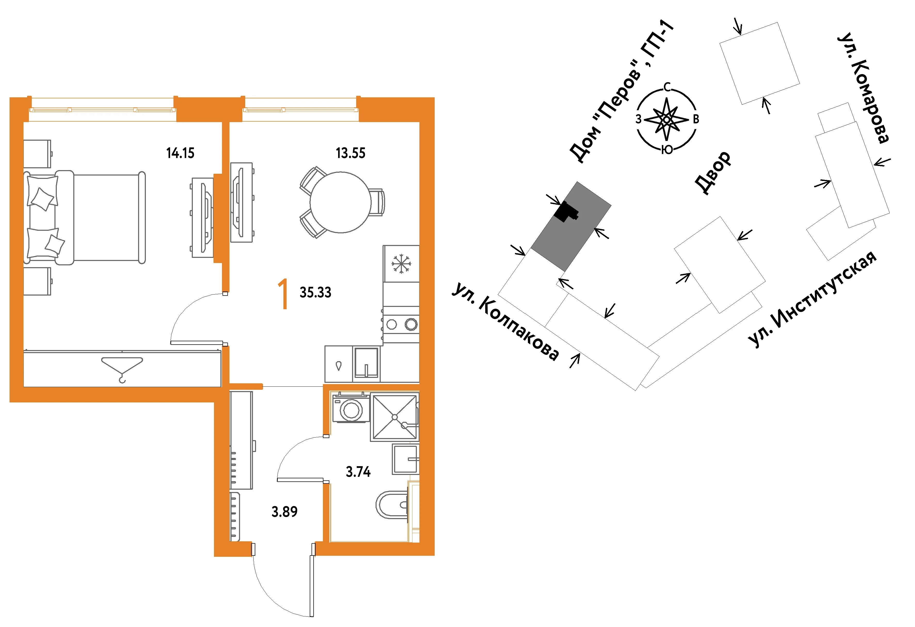 1 комн. Квартира 35.3 кв. м
