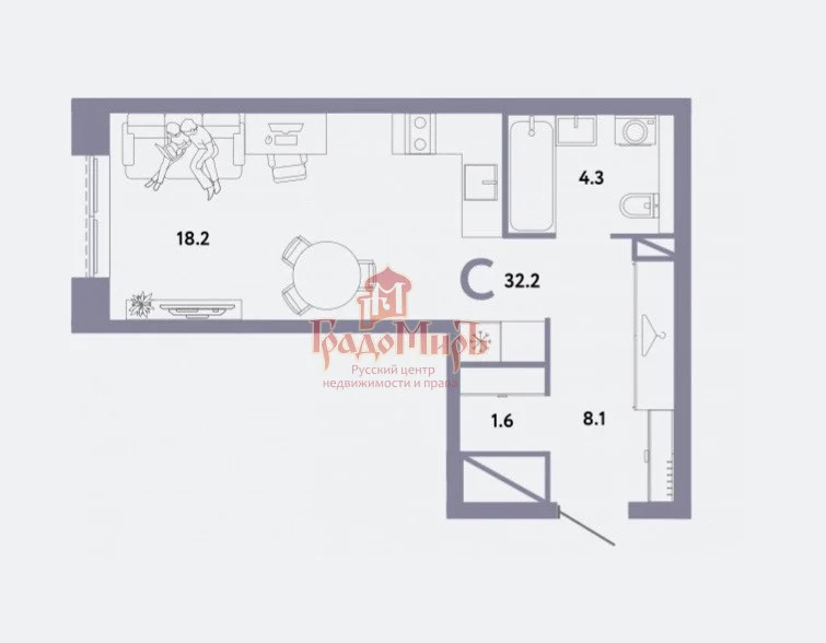 1 комн. Квартира 32.2 кв. м