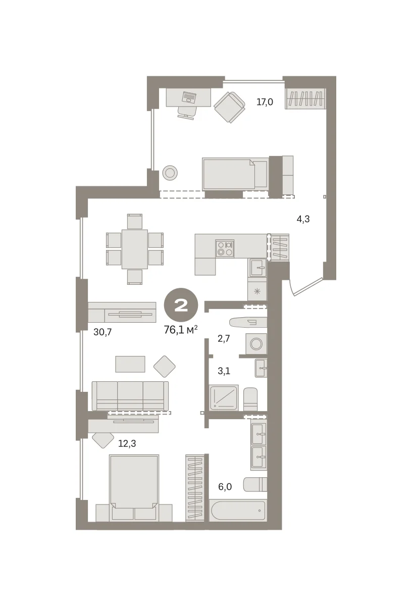2 комн. Квартира 76.1 кв. м