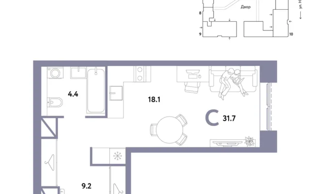 1 комн. Квартира 31.7 кв. м, Москва