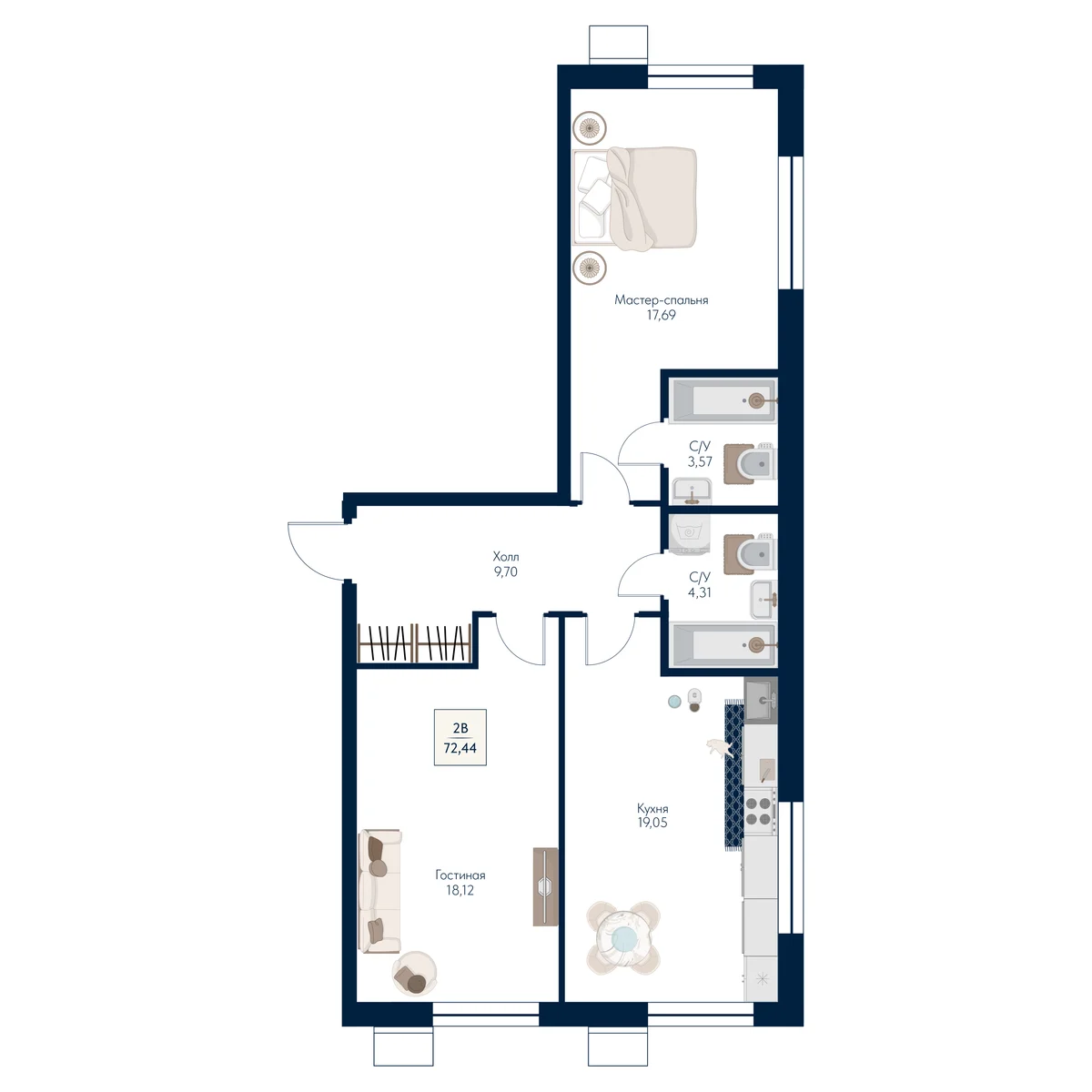 2 комн. Квартира 72.4 кв. м