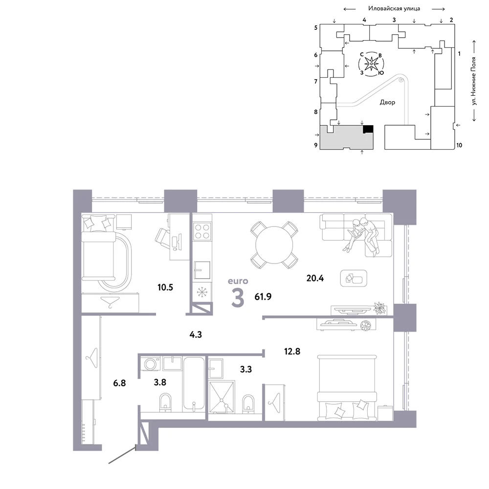 3 комн. Квартира 61.9 кв. м