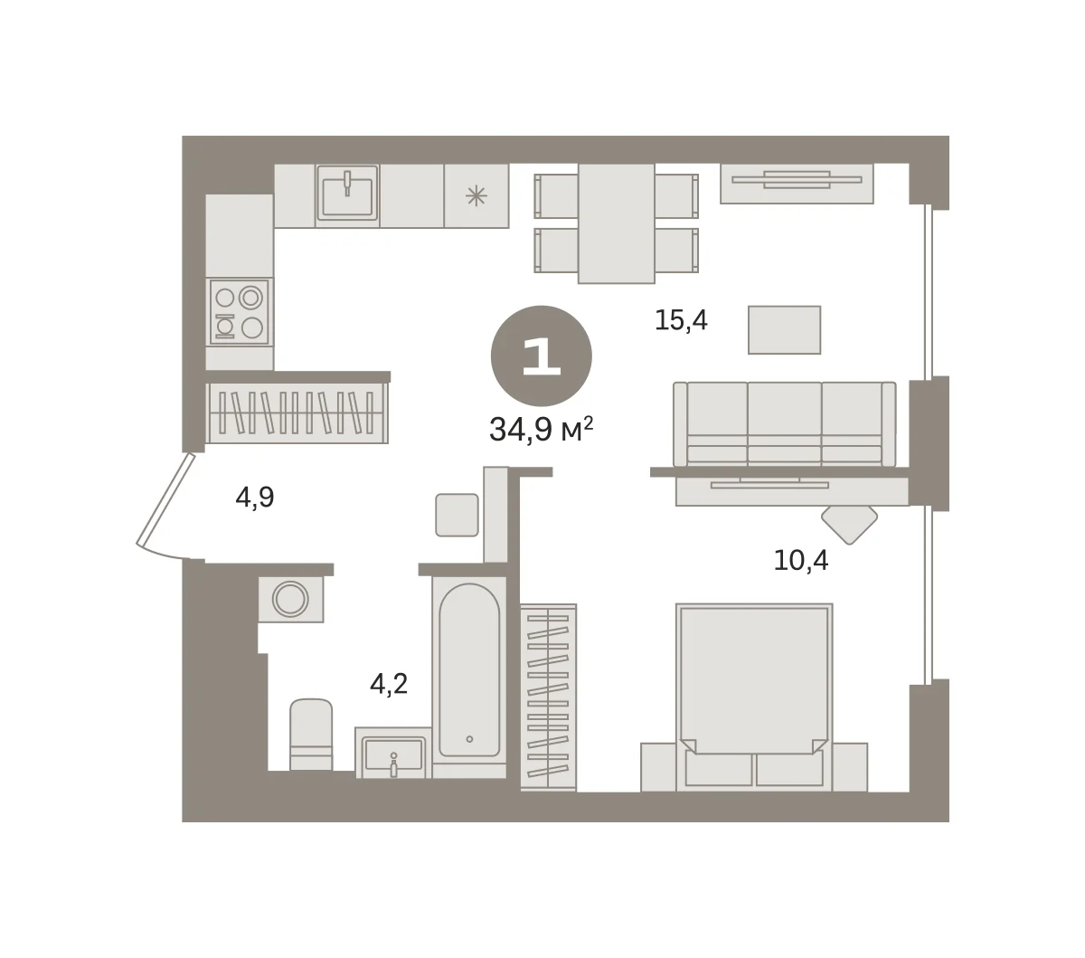 1 комн. Квартира 34.9 кв. м