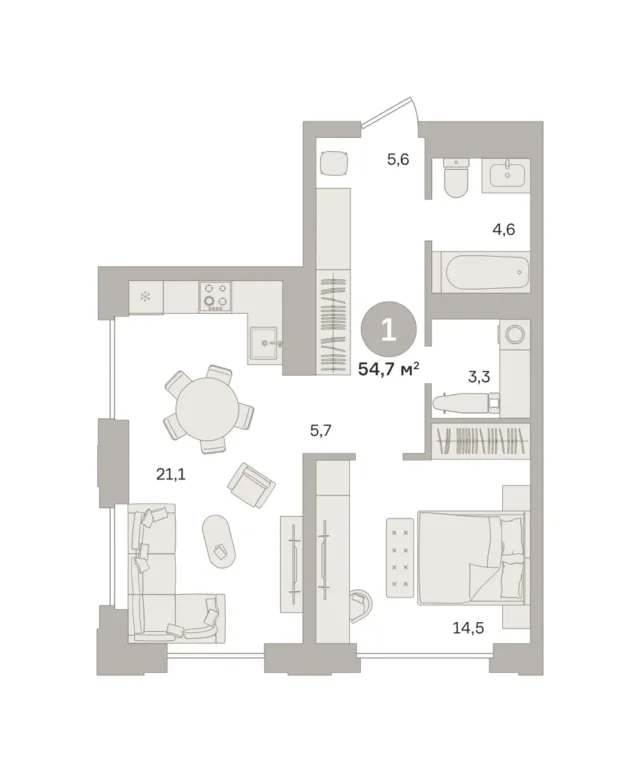 1 комн. Квартира 54.7 кв. м