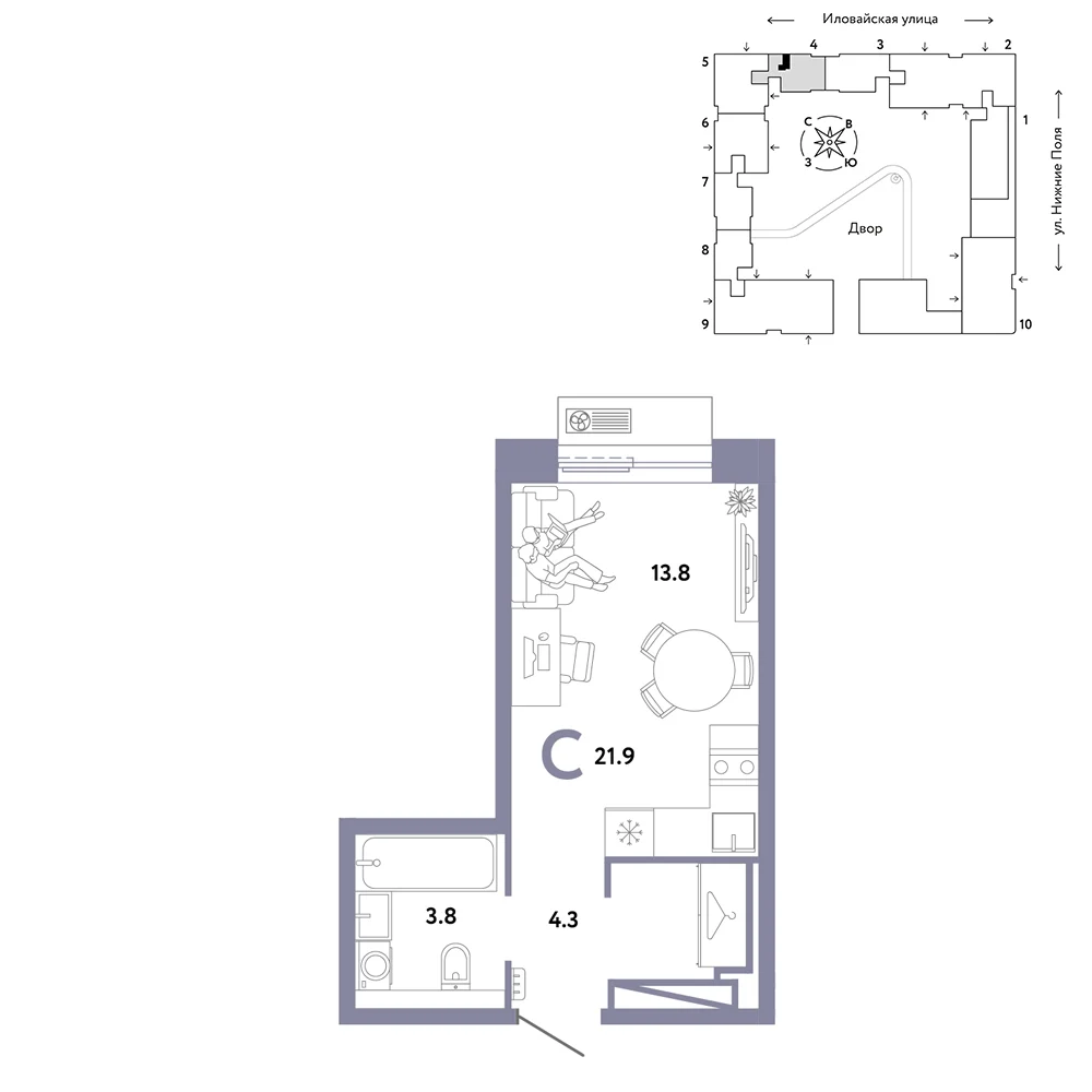 1 комн. Квартира 21.9 кв. м