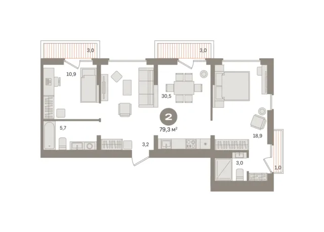 2 комн. Квартира 79.3 кв. м