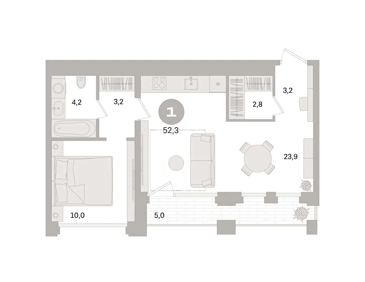 1 комн. Квартира 52.3 кв. м