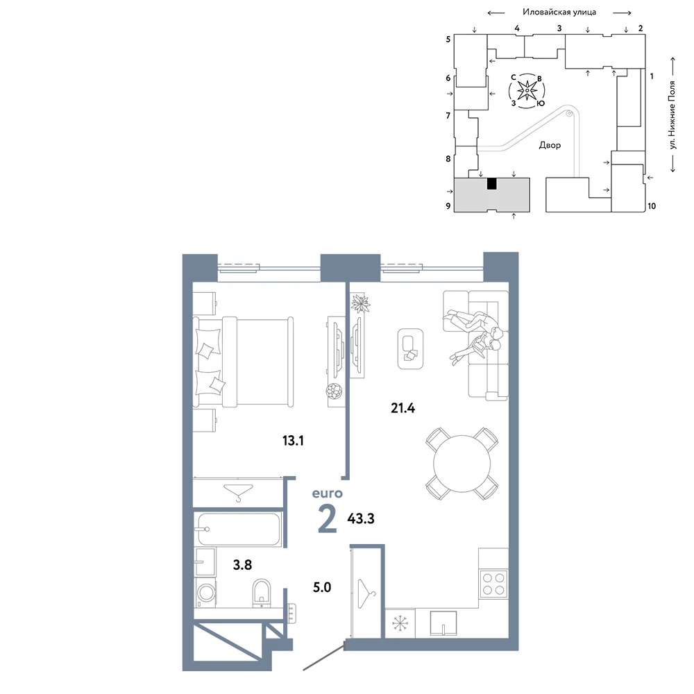 2 комн. Квартира 43.3 кв. м