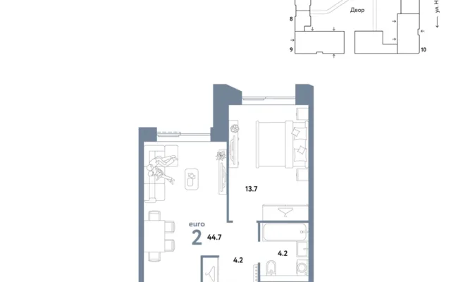 2 комн. Квартира 44.7 кв. м, Москва