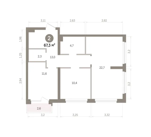 2 комн. Квартира 67.3 кв. м