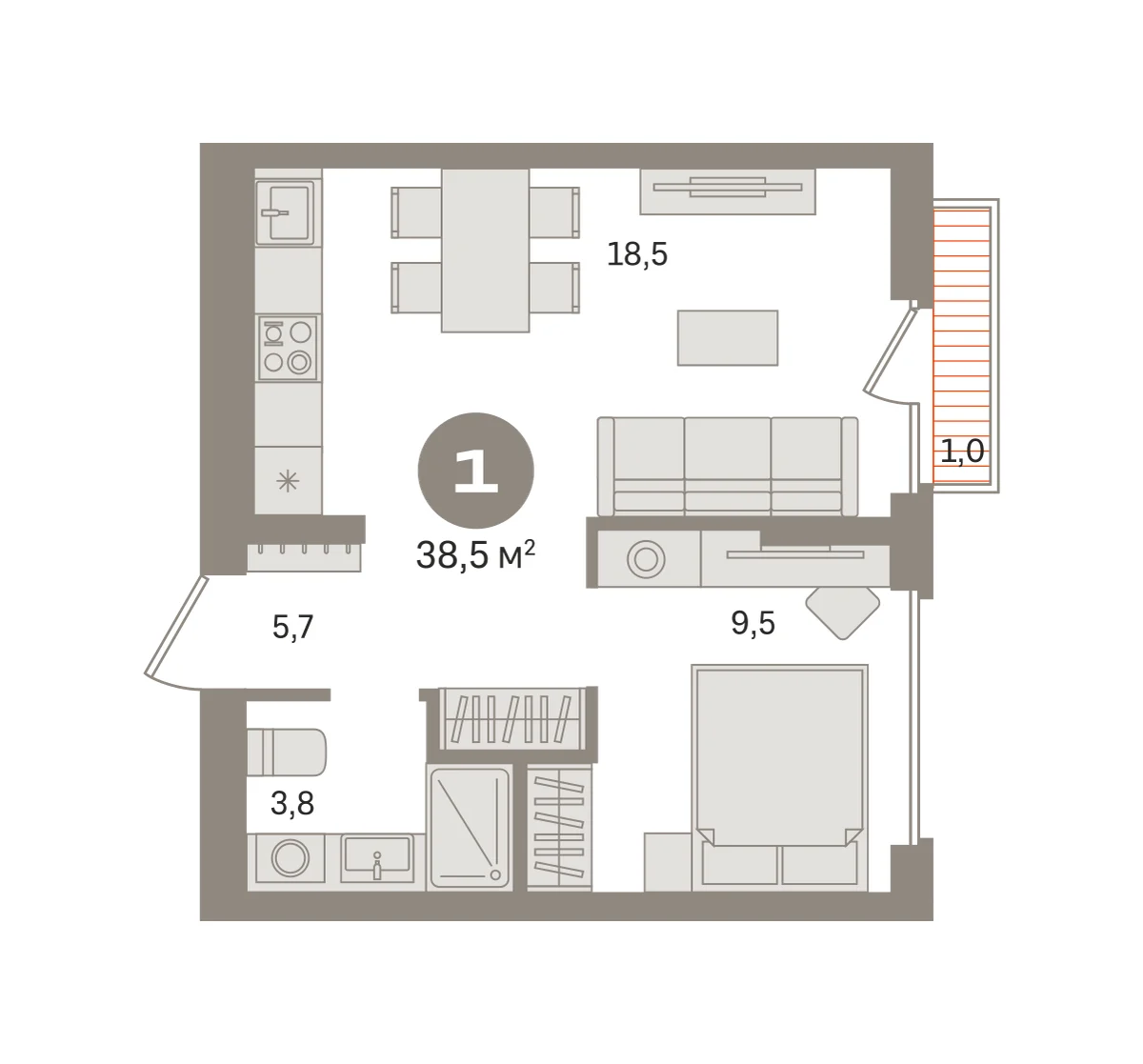 1 комн. Квартира 38.5 кв. м