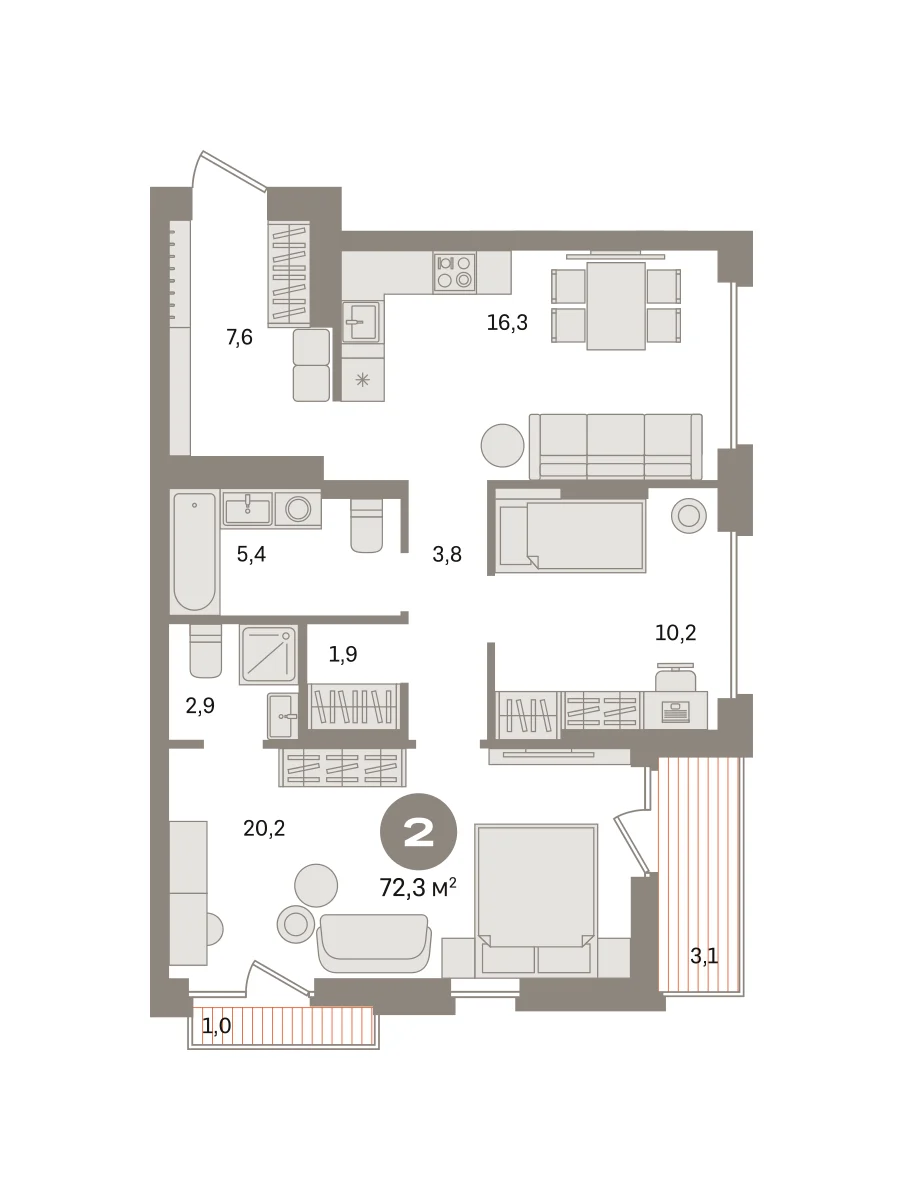 2 комн. Квартира 72.3 кв. м