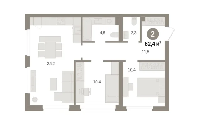 2 комн. Квартира 62.4 кв. м, Московская область Москва