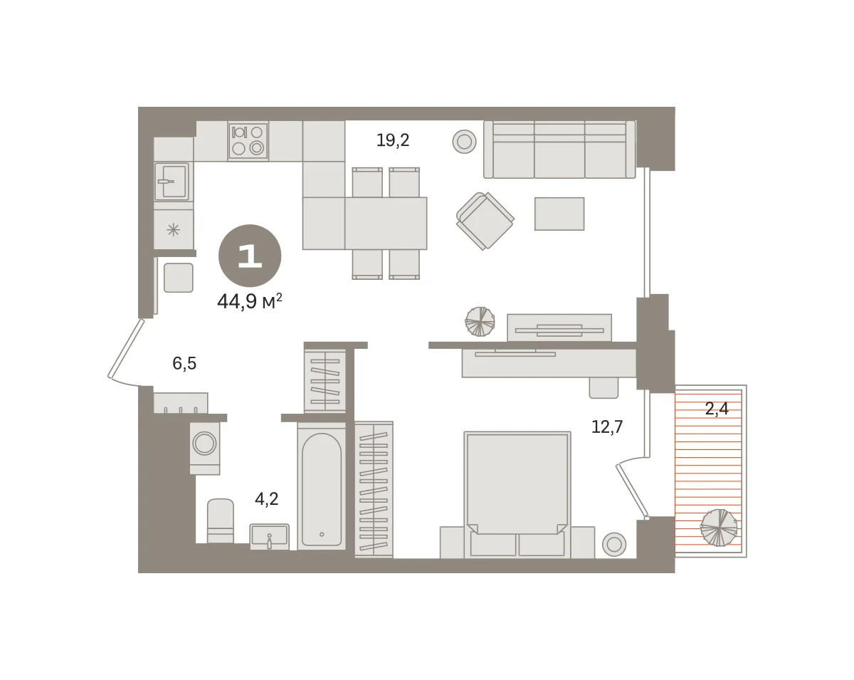 1 комн. Квартира 44.9 кв. м