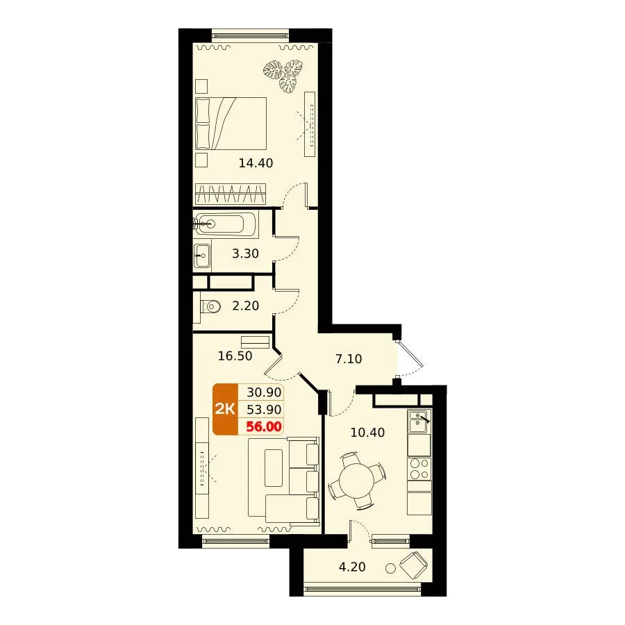 2 комн. Квартира 56 кв. м