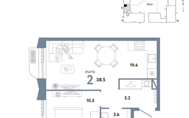 2 комн. Квартира 38.5 кв. м, Москва