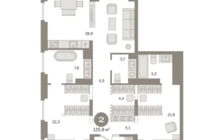2 комн. Квартира 125.8 кв. м