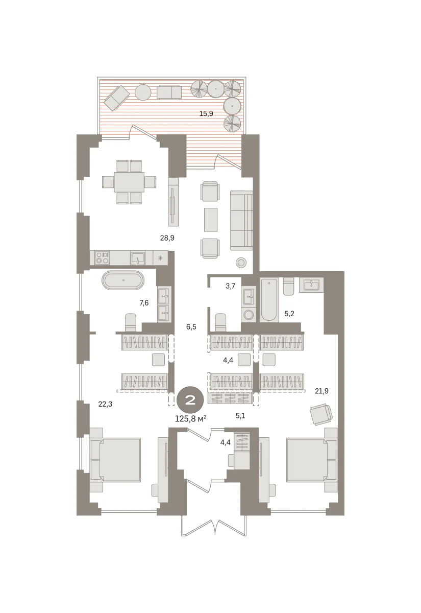 2 комн. Квартира 125.8 кв. м