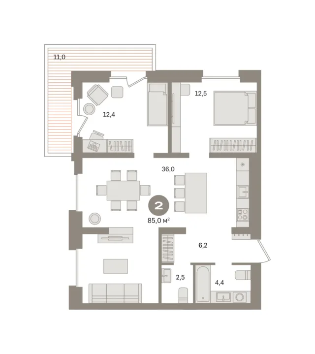 2 комн. Квартира 85 кв. м
