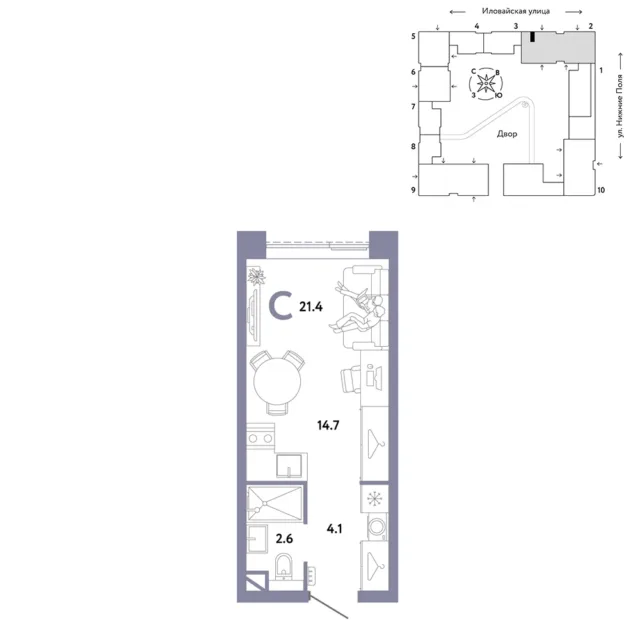 1 комн. Квартира 21.4 кв. м