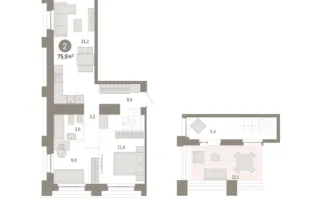 2 комн. Квартира 75.9 кв. м