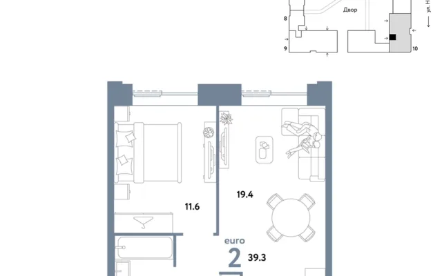 2 комн. Квартира 39.3 кв. м, Москва