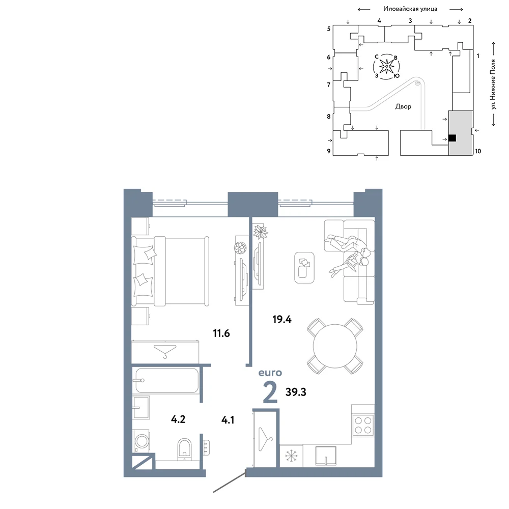 2 комн. Квартира 39.3 кв. м