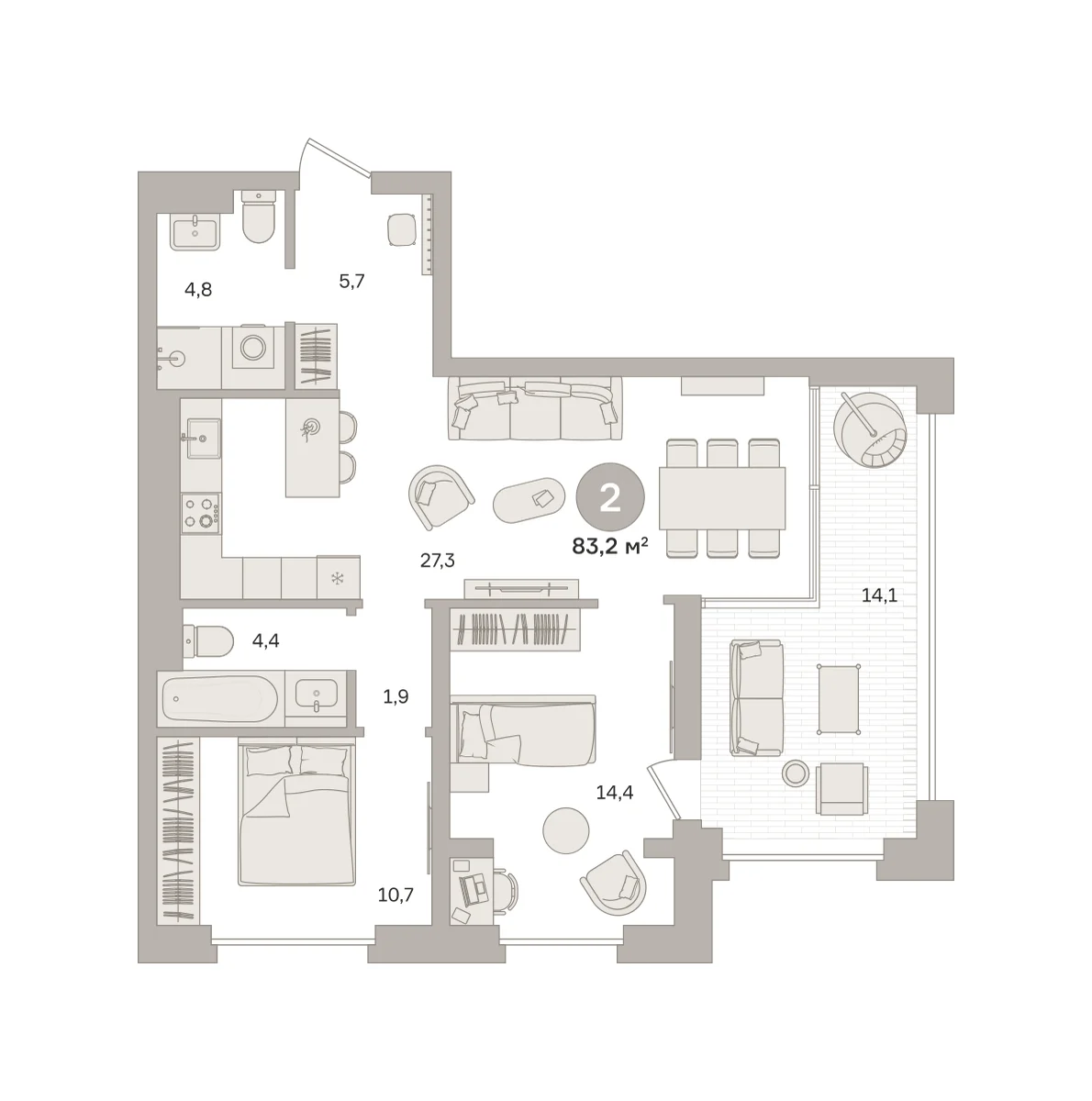 2 комн. Квартира 83.2 кв. м