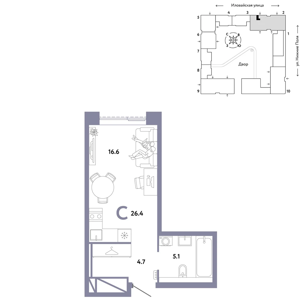 1 комн. Квартира 26.4 кв. м