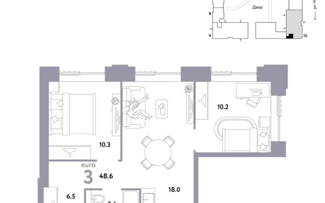 3 комн. Квартира 48.6 кв. м, Москва