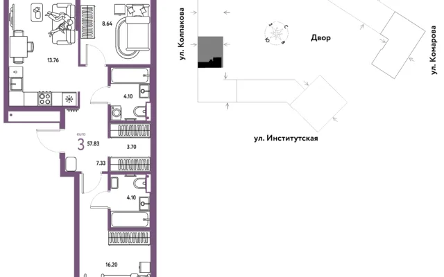 3 комн. Квартира 57.8 кв. м, Москва