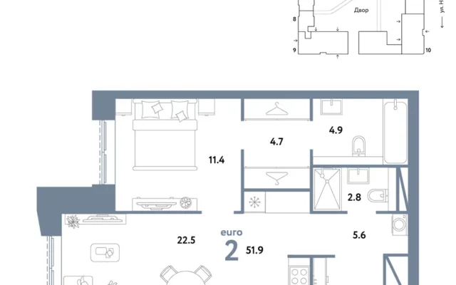 2 комн. Квартира 51.9 кв. м, Москва