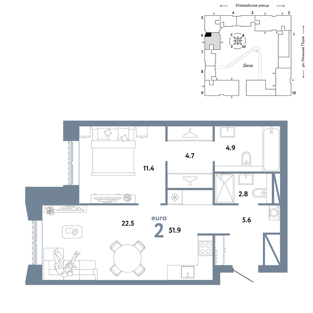 2 комн. Квартира 51.9 кв. м