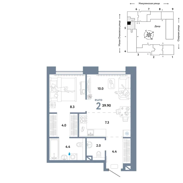 2 комн. Квартира 41.2 кв. м