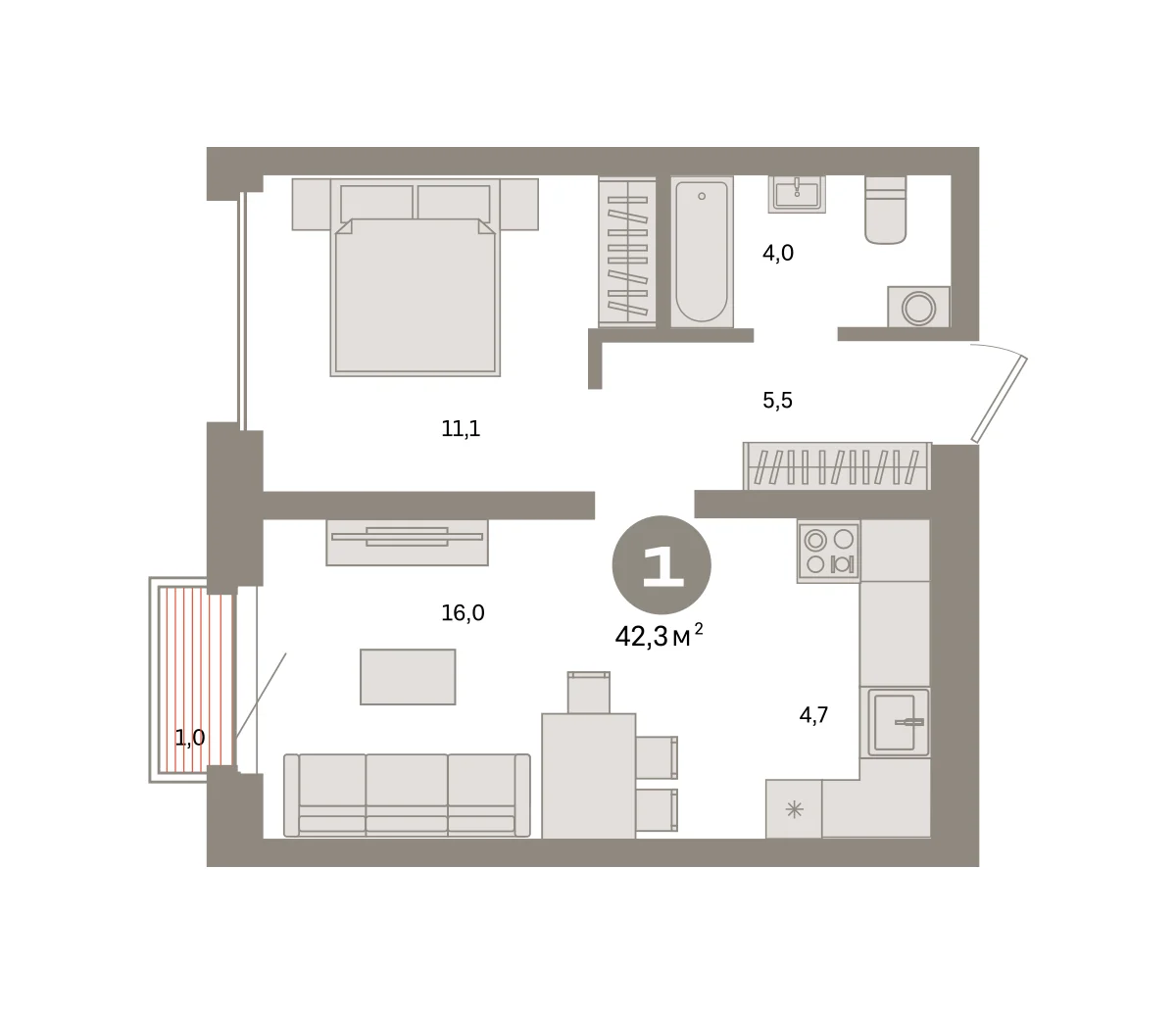 1 комн. Квартира 42.3 кв. м